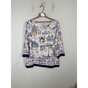 Talbots Plus 2X Paris Toile Print Tee 3/4 Sleeve Boat Neck Cotton Stretch Top